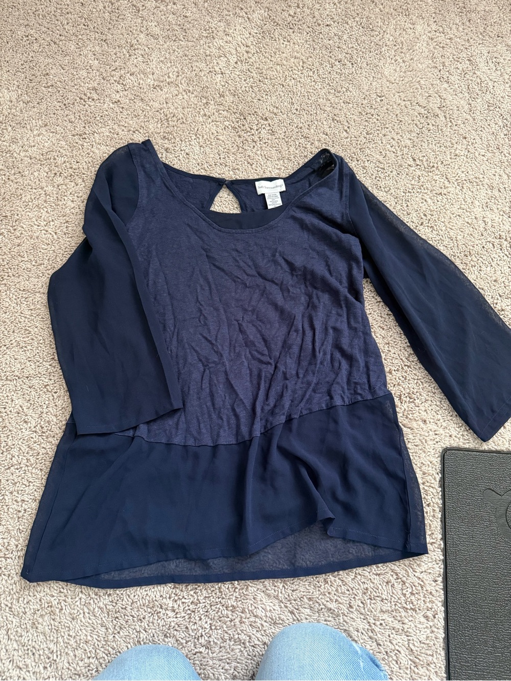 Soft Surroundings Navy Mixed-Media Peplum Blouse